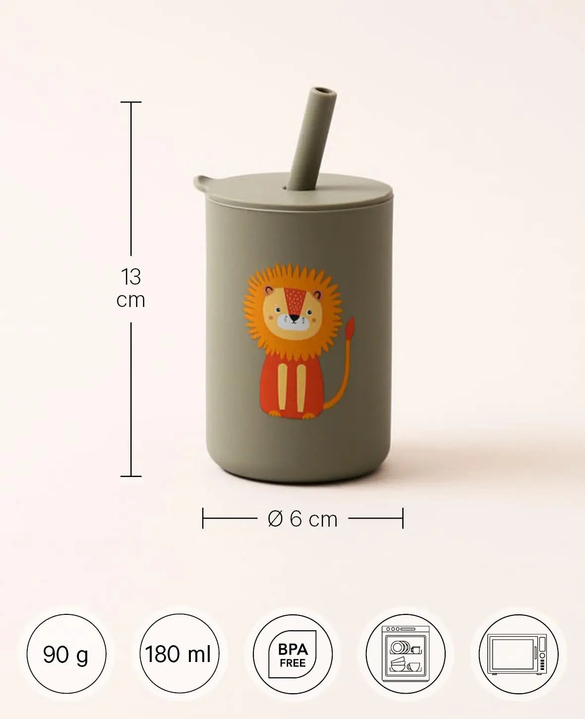 Kinder Trinkbecher "The Mini Sippi" mit Strohhalm und Löwen Aufdruck, aus Silikon in Khaki, 180 ml