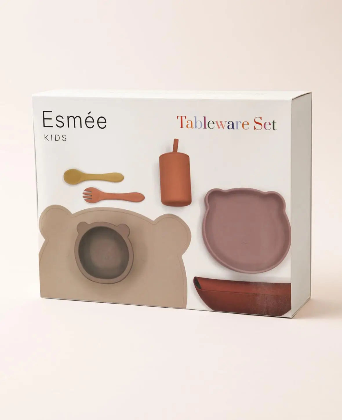 Kinder Geschirrset "Bär", aus Silikon in Sienna/Beige/Rostrot, mit Tellern, Besteck, Becher, Tischset und Lätzchen