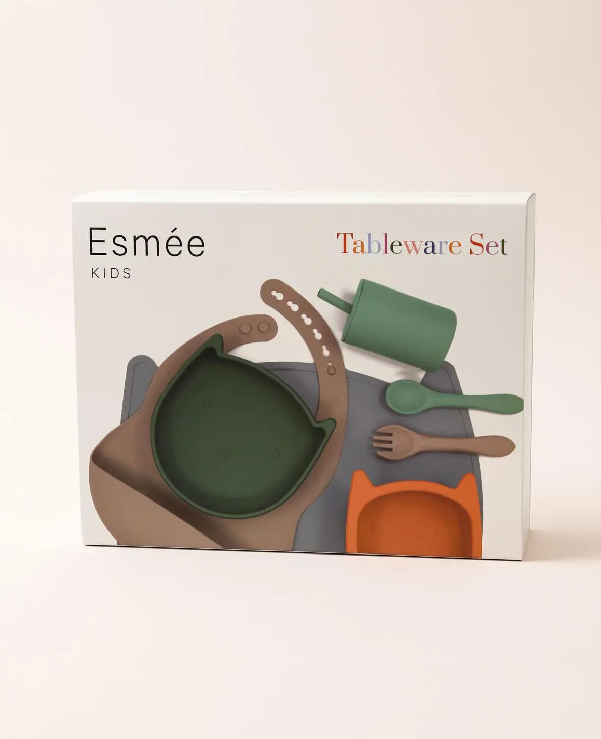 Kinder Geschirrset "Katze", aus Silikon in Grün/Beige/Grau, mit Tellern, Besteck, Becher, Tischset und Lätzchen
