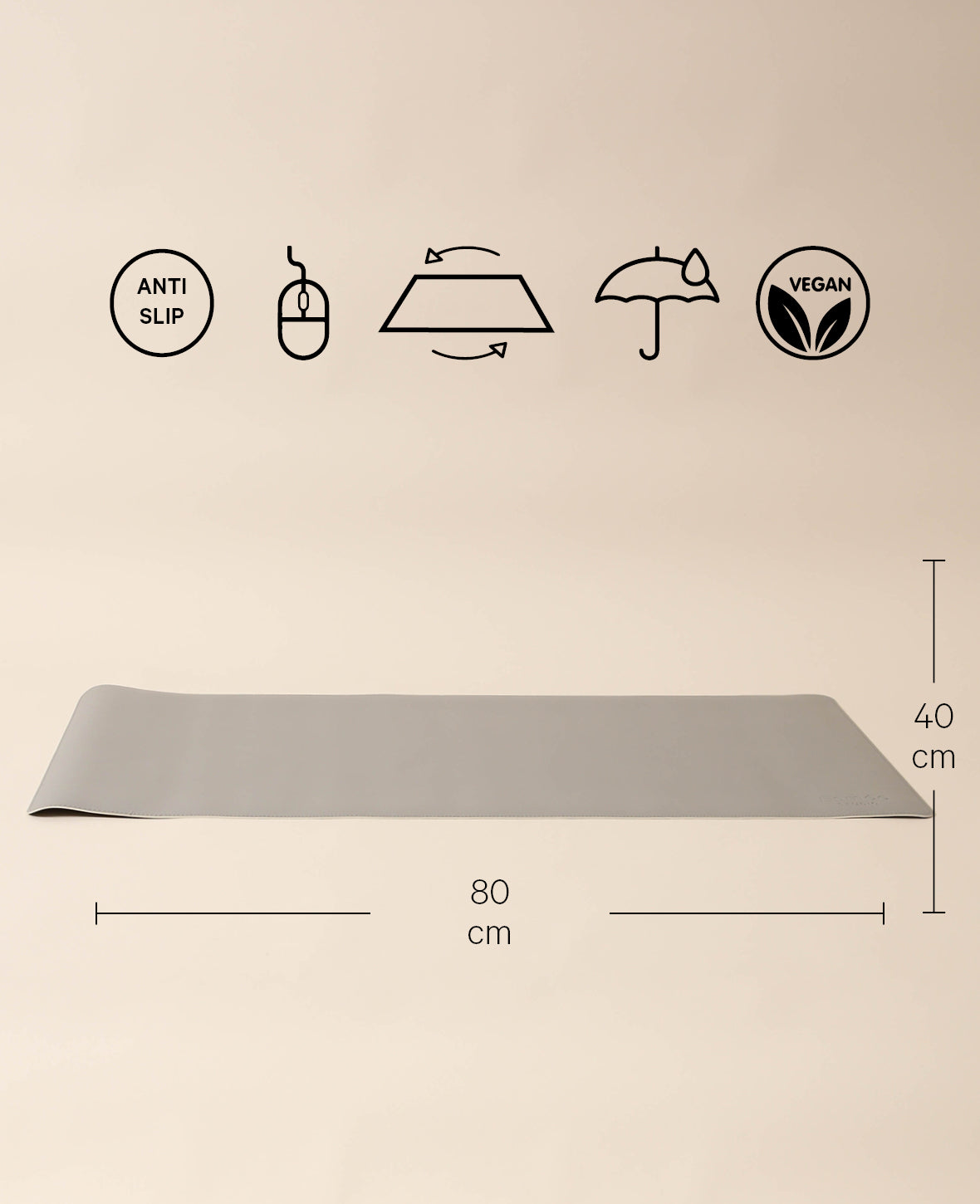 Schreibtischmatte aus veganem Leder in Hellgrau, mit rutschfester Unterseite, 80 x 40 cm