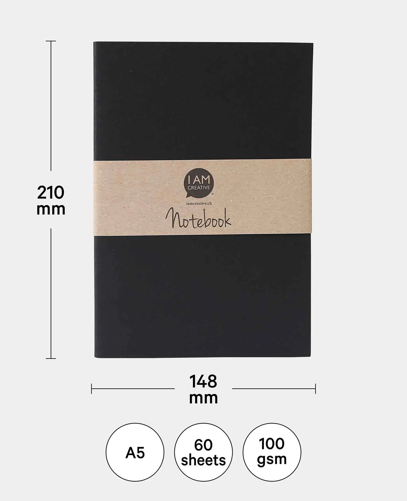 Notebook, A5, squared, Black, 60 sheets
