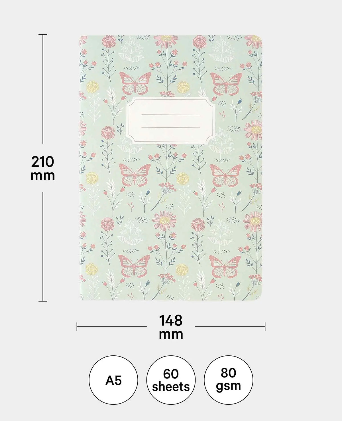 Notizbuch A5, Blumen & Schmetterlinge, 60 Blatt