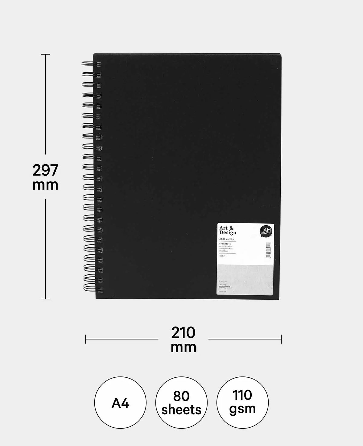 Sketch Book, A4, mit weissen Blättern, Schwarz, 80 Blatt