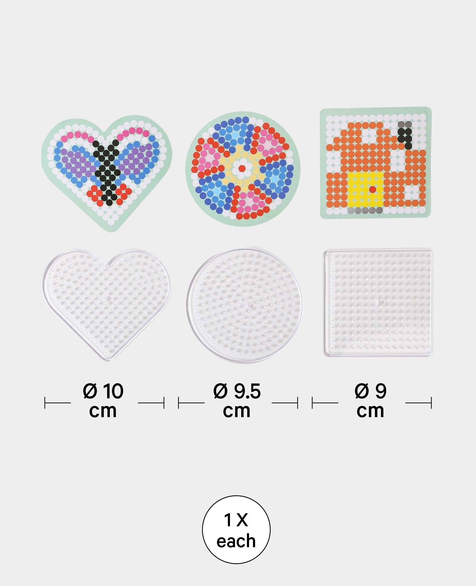 3 plaques à picots, pour perles à repasser, cœur, carré et rond, ø 9-10 cm, 3 motifs