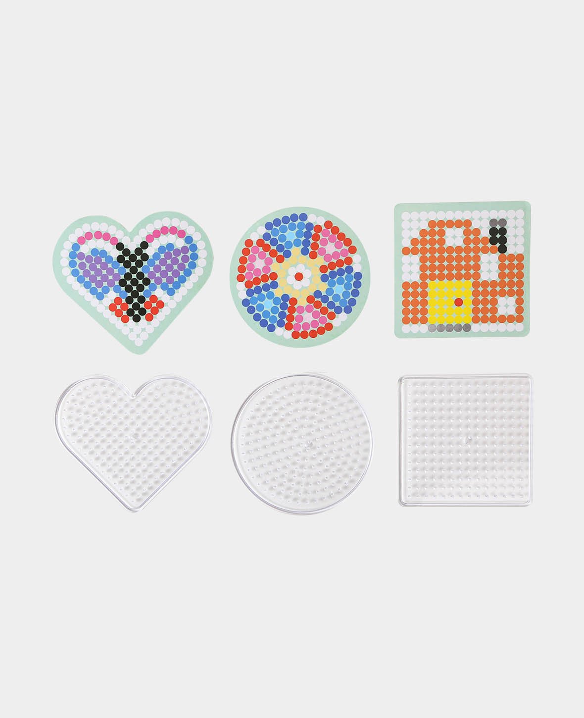 3 Steckplatten, für Bügelperlen, Herz, Quadrat und Kreis, ø 9-10 cm, 3 Motive
