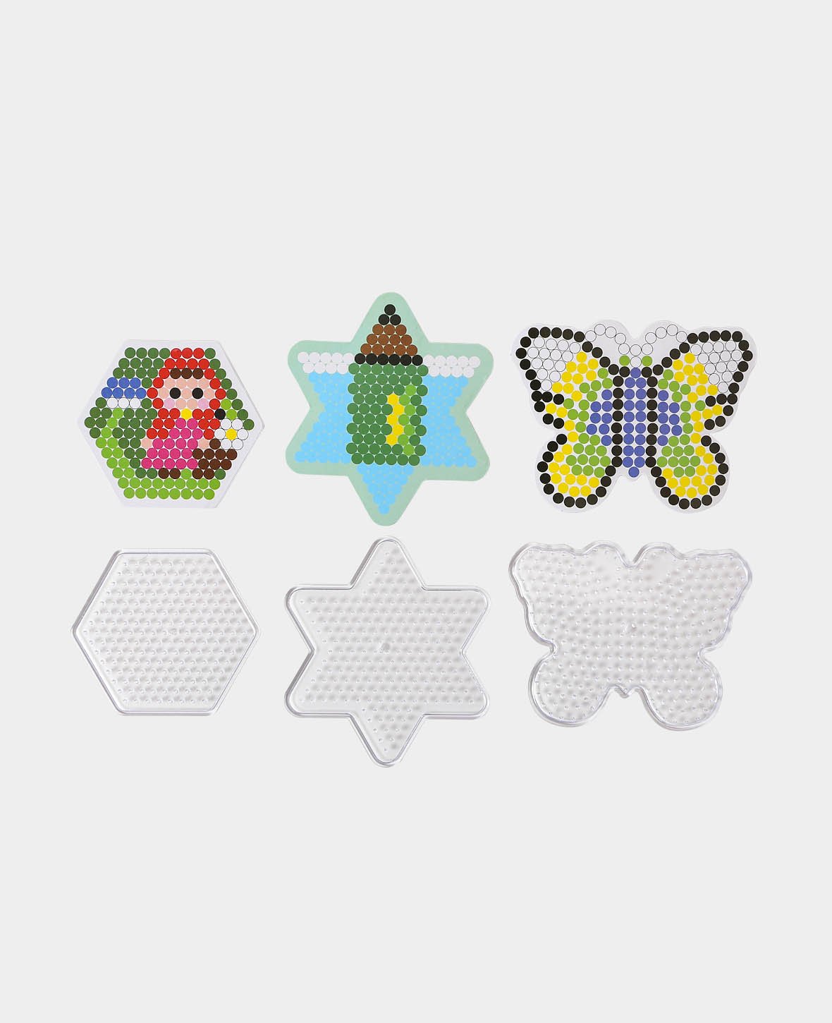 Steckplatten, für Bügelperlen, Stern, Hexagon und Schmetterling, ø 9-10 cm, 3 Motive