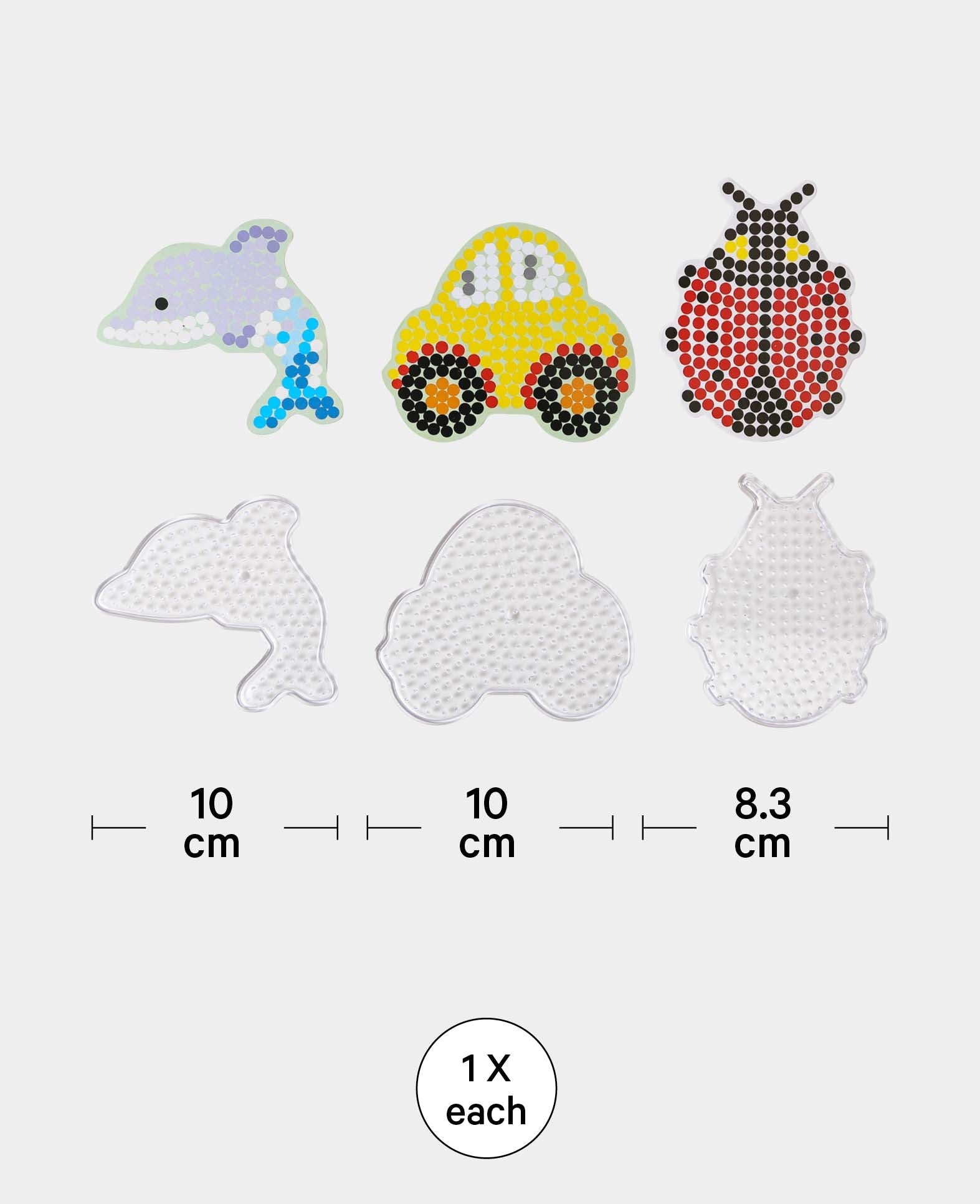 Steckplatten, für Bügelperlen, Auto, Delphin und Marienkäfer, ø 9-10 cm, 3 Motive