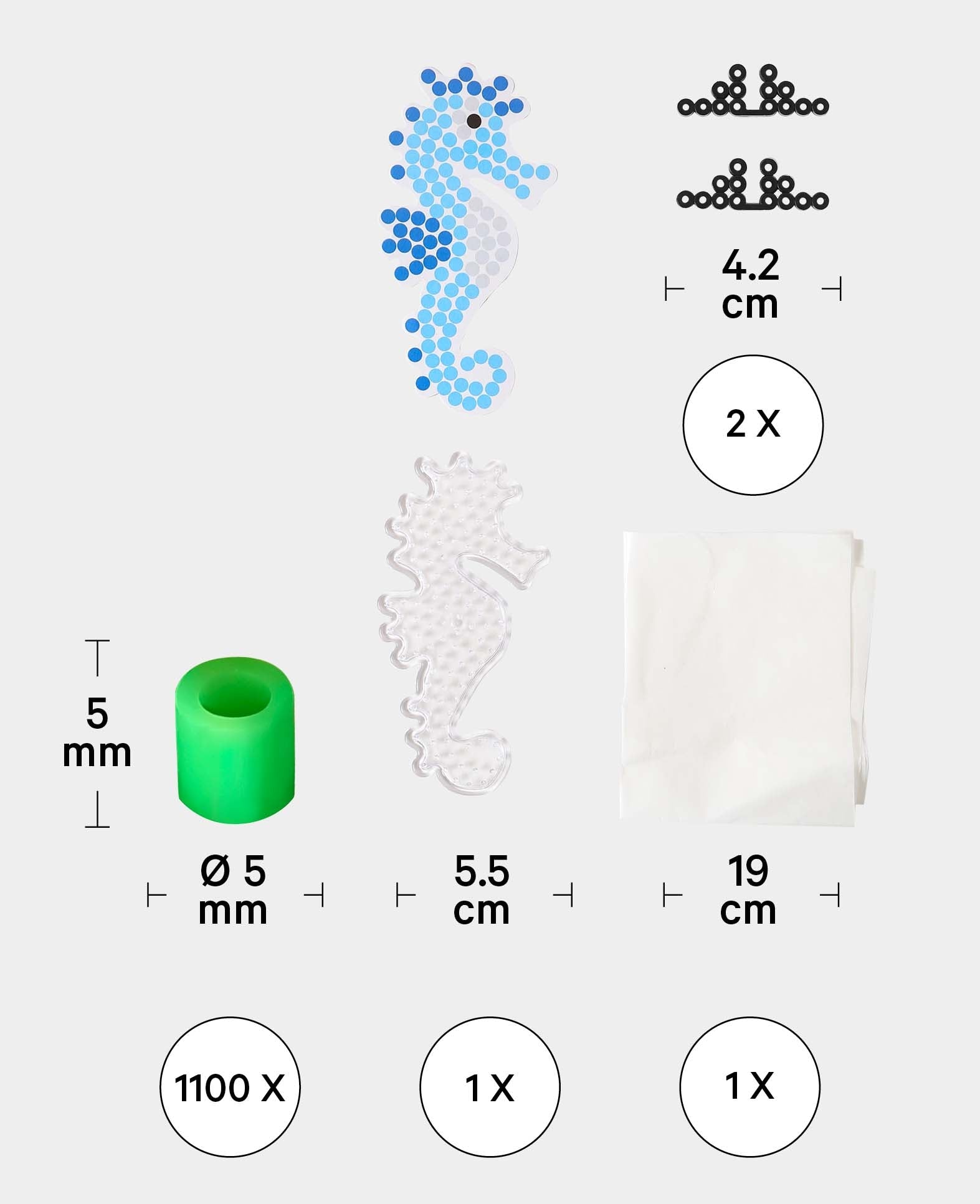 Iron-on Beads Set Seahorse – 1100 Beads, incl. Pegboard & Template, BPA-free, 5 mm