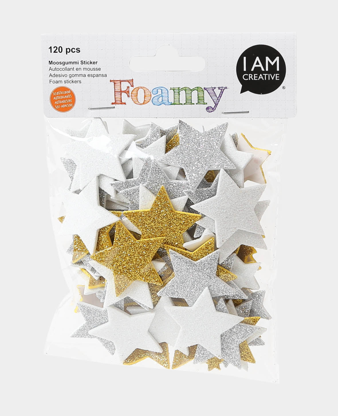Stickers en mousse pailletés étoiles, ø 2-3.5 cm, 120 p.