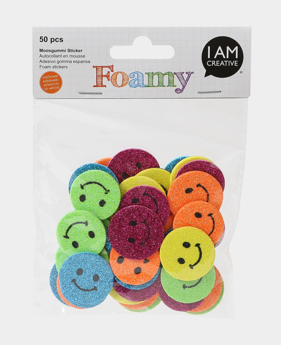 Autocollants en mousse pailletés Smilies, ø 2,9 cm, 50 p.