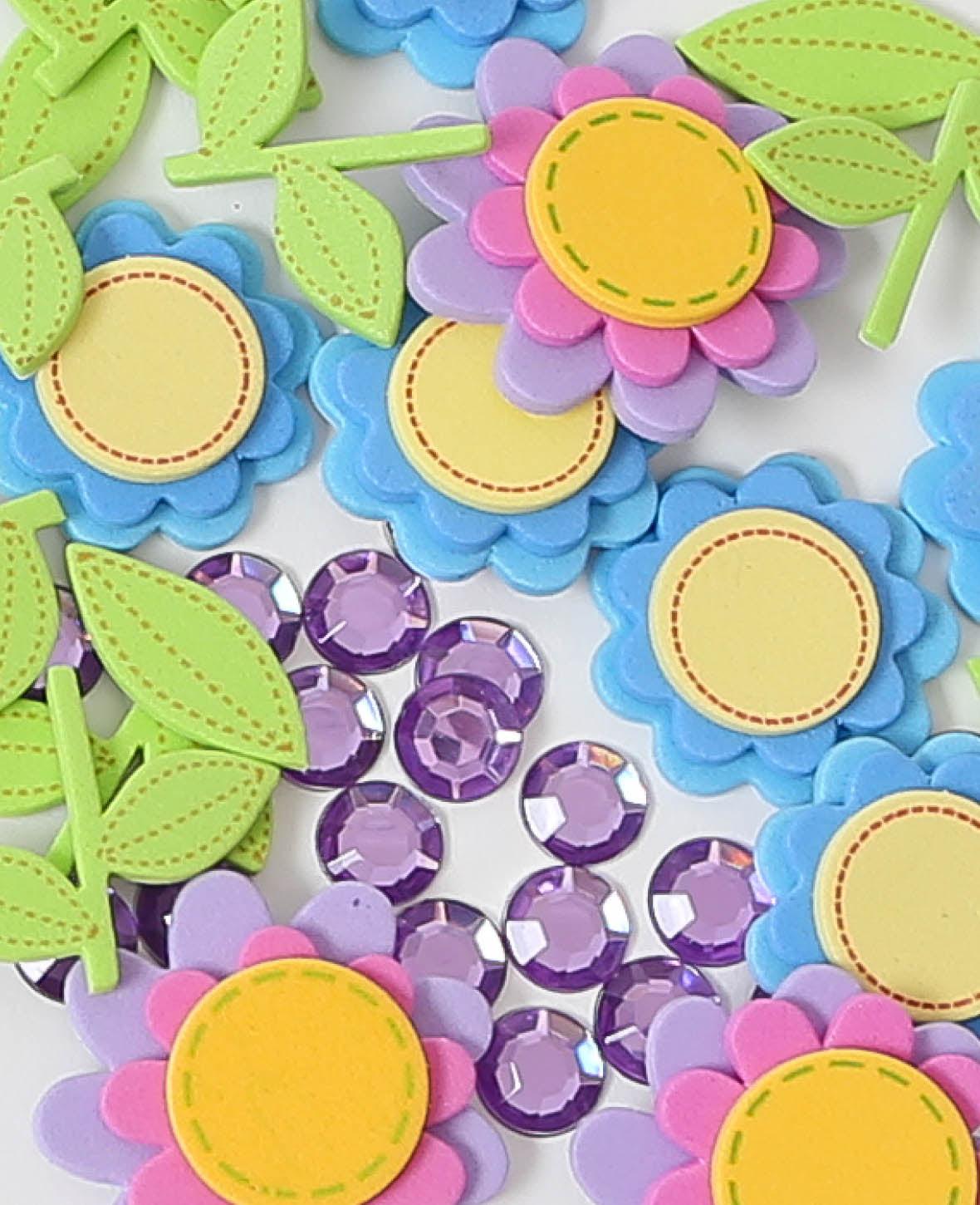 Autocollants en mousse Fleurs & Strass, 1-2.7 cm, 68 pcs.