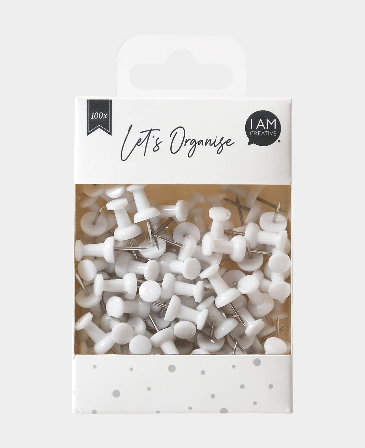 Punaises, punaises avec pointe longue et tête en plastique adhérente pour tableaux d'affichage, blanc, ø 9 x 24 mm, 100 pièces