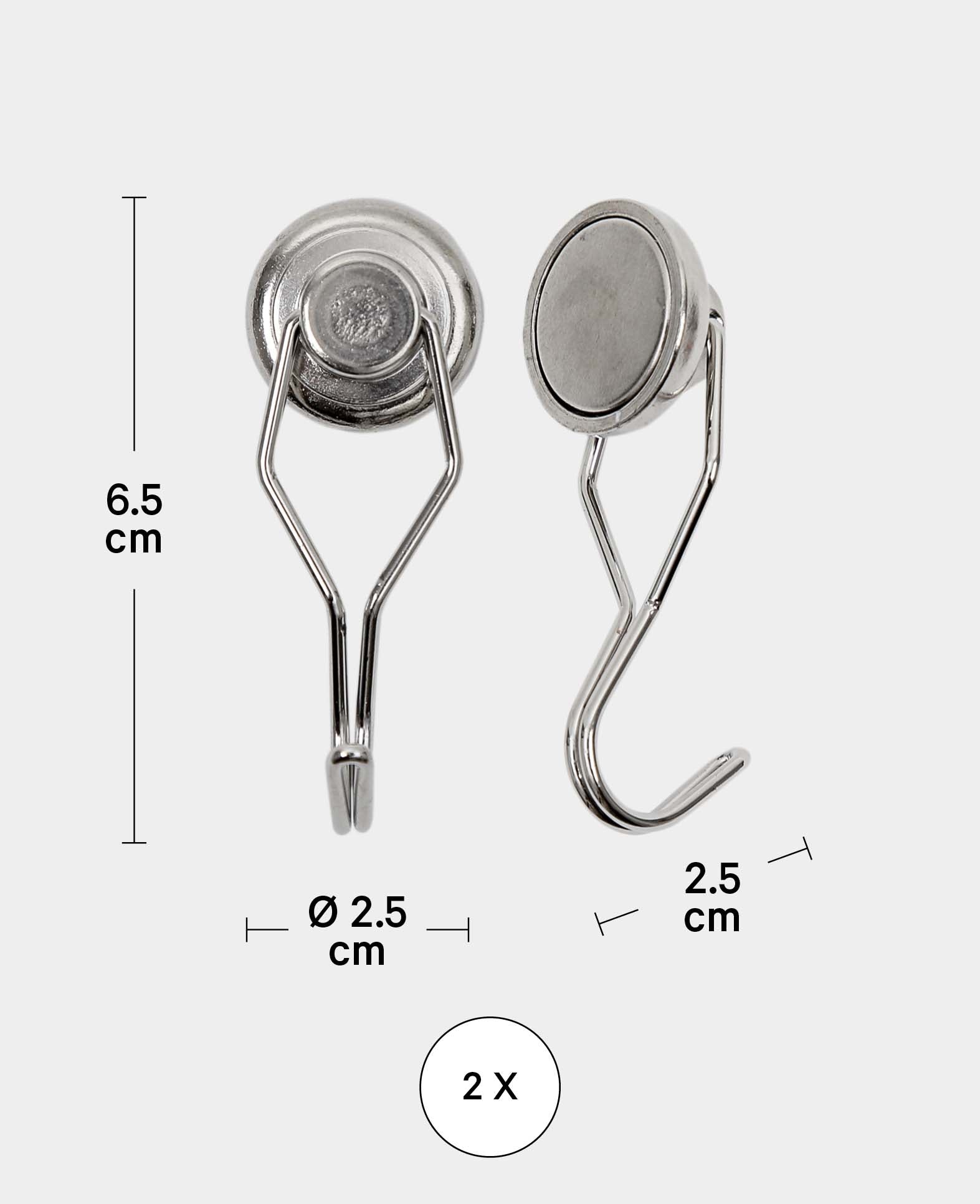 Extra strong magnetic hooks, magnets with movable wire hook, silver, 2.5 x ø 2.5 x 6.5 cm, 2 pieces