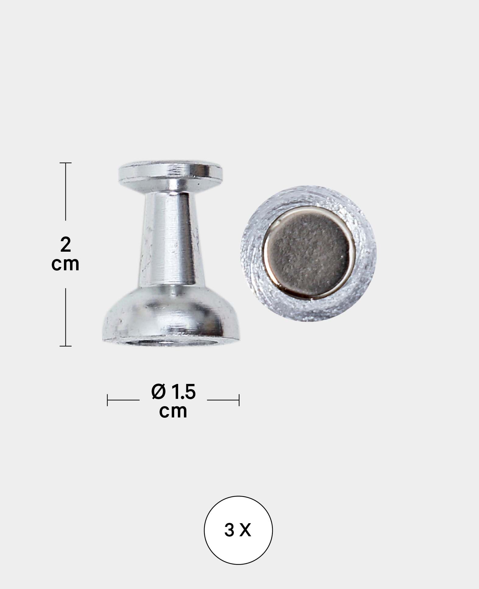 Aimants avec poignée forte, aimants coniques à bonne adhérence, argent, ø 1,5 x 2 cm, 3 pièces