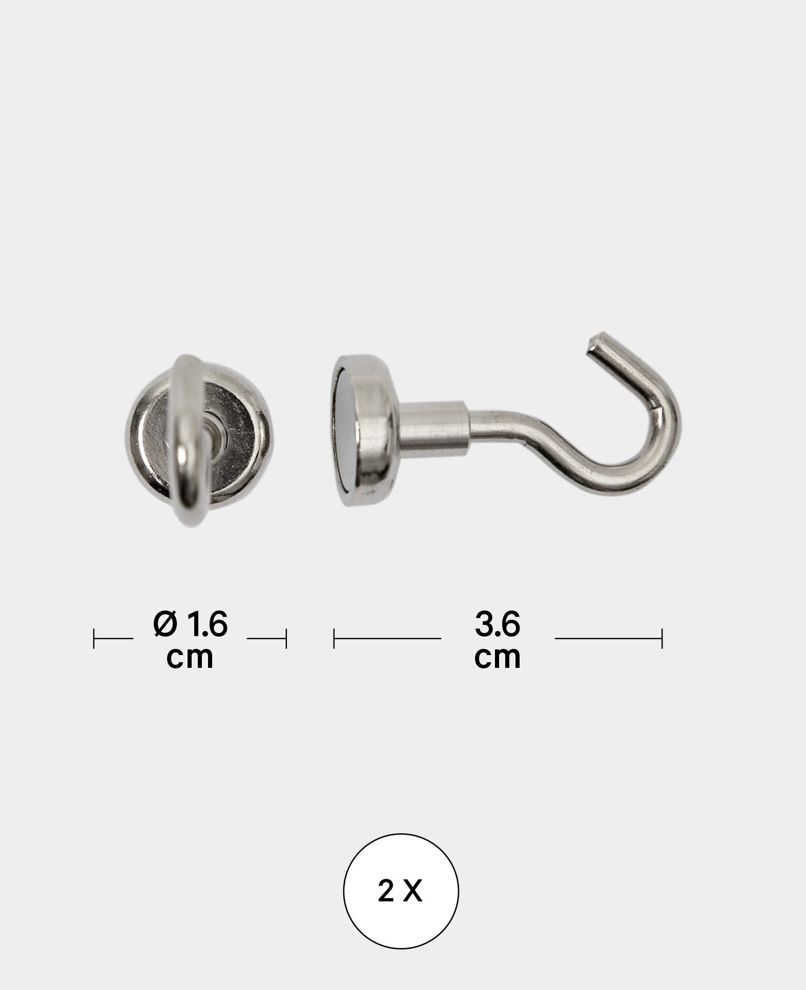 Crochets magnétiques puissants, Aimants avec crochets dévissables, Argent, ø 1.6 x 3.6 cm, 2 pièces