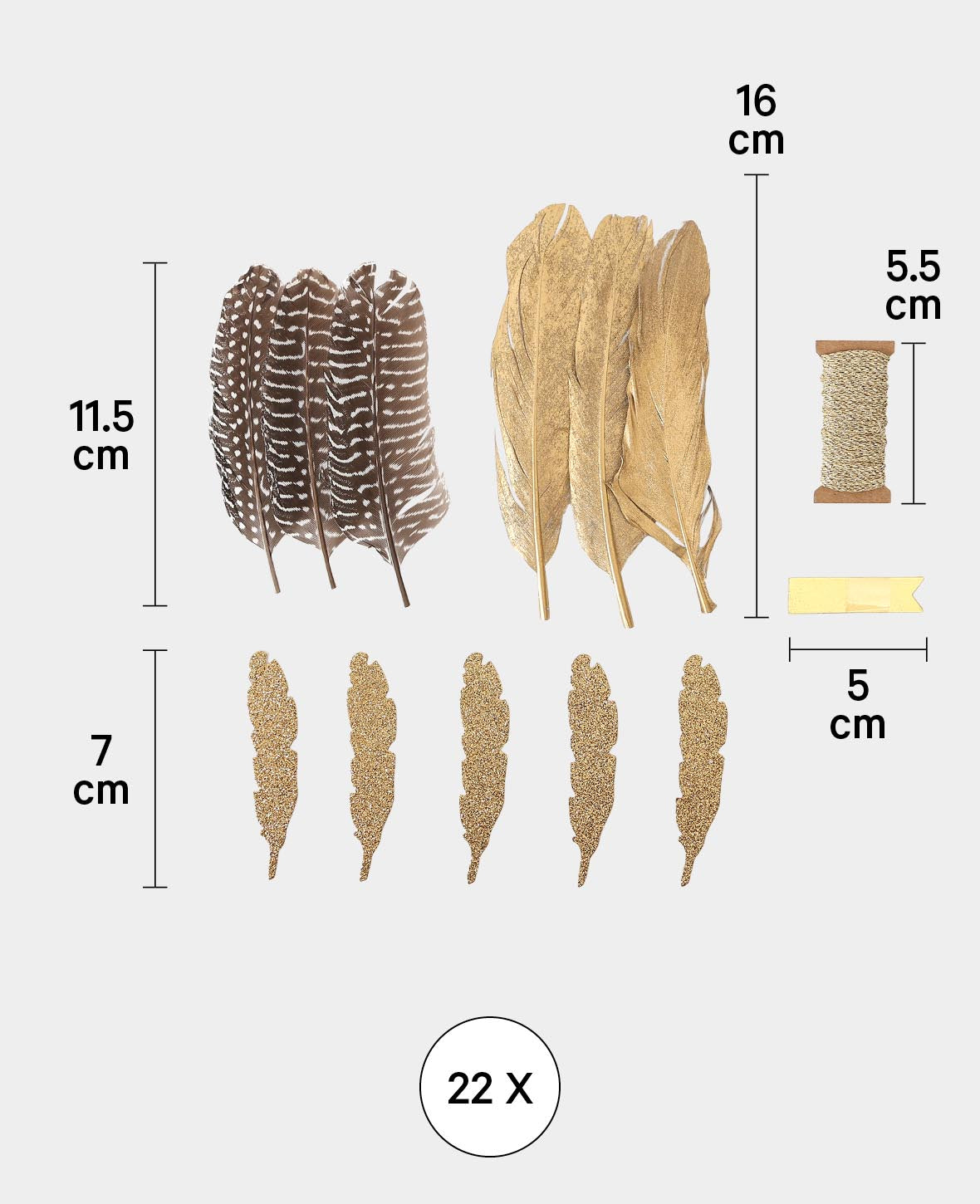 Kit de plumes, pois noir et blanc et or, 10-16 cm, 22 pièces.