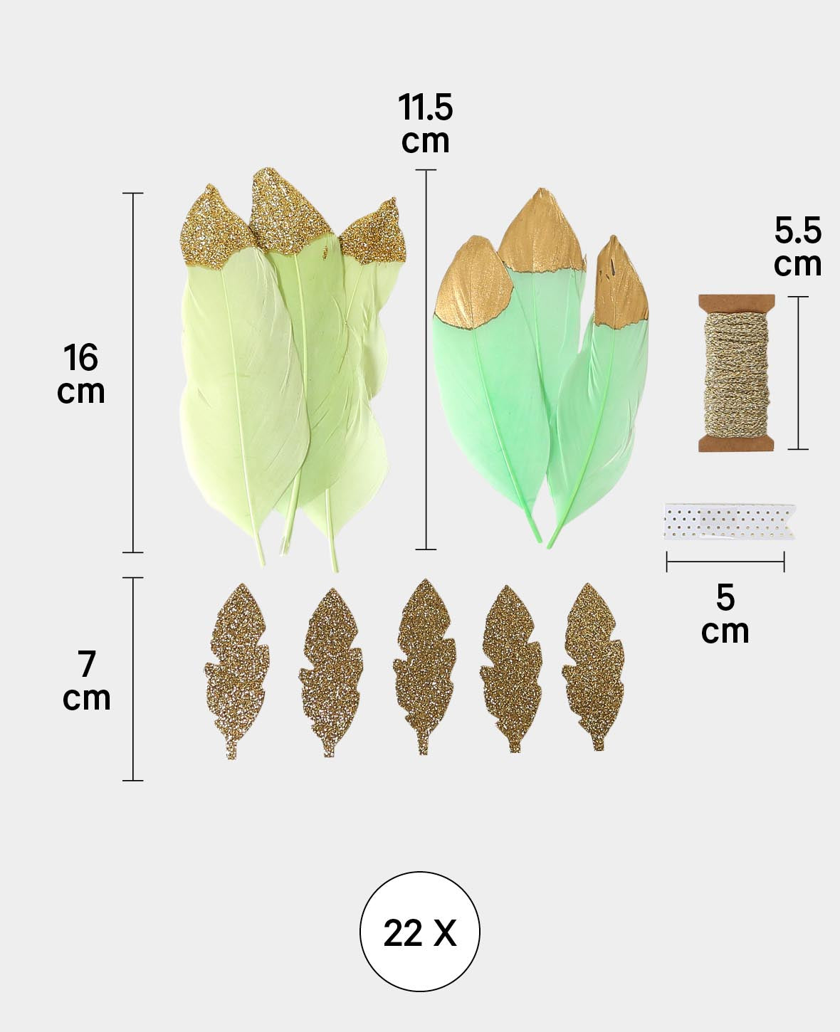 Feather Kit, Mint & Gold, 10-16 cm, 22 pcs.