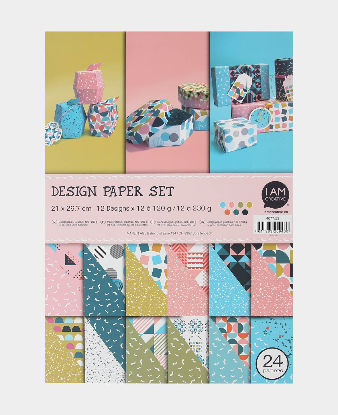 Design Papier Set Graphik, Papierblock mit beidseitig bedruckten Papierbögen in 12 verschiedenen Designs, A4, 120 g/m² - 230 g/m², 24 Blätter