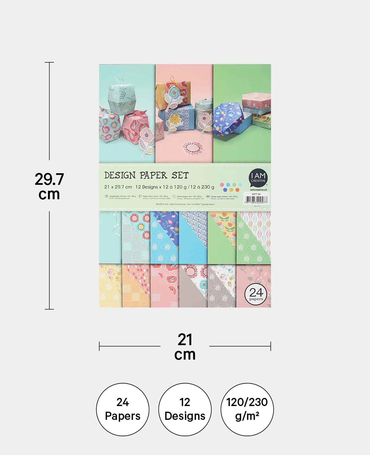 Set de papiers à motifs fleurs, bloc de papier avec des feuilles imprimées recto-verso dans 12 motifs différents, A4, 120 g/m² - 230 g/m², 24 feuilles