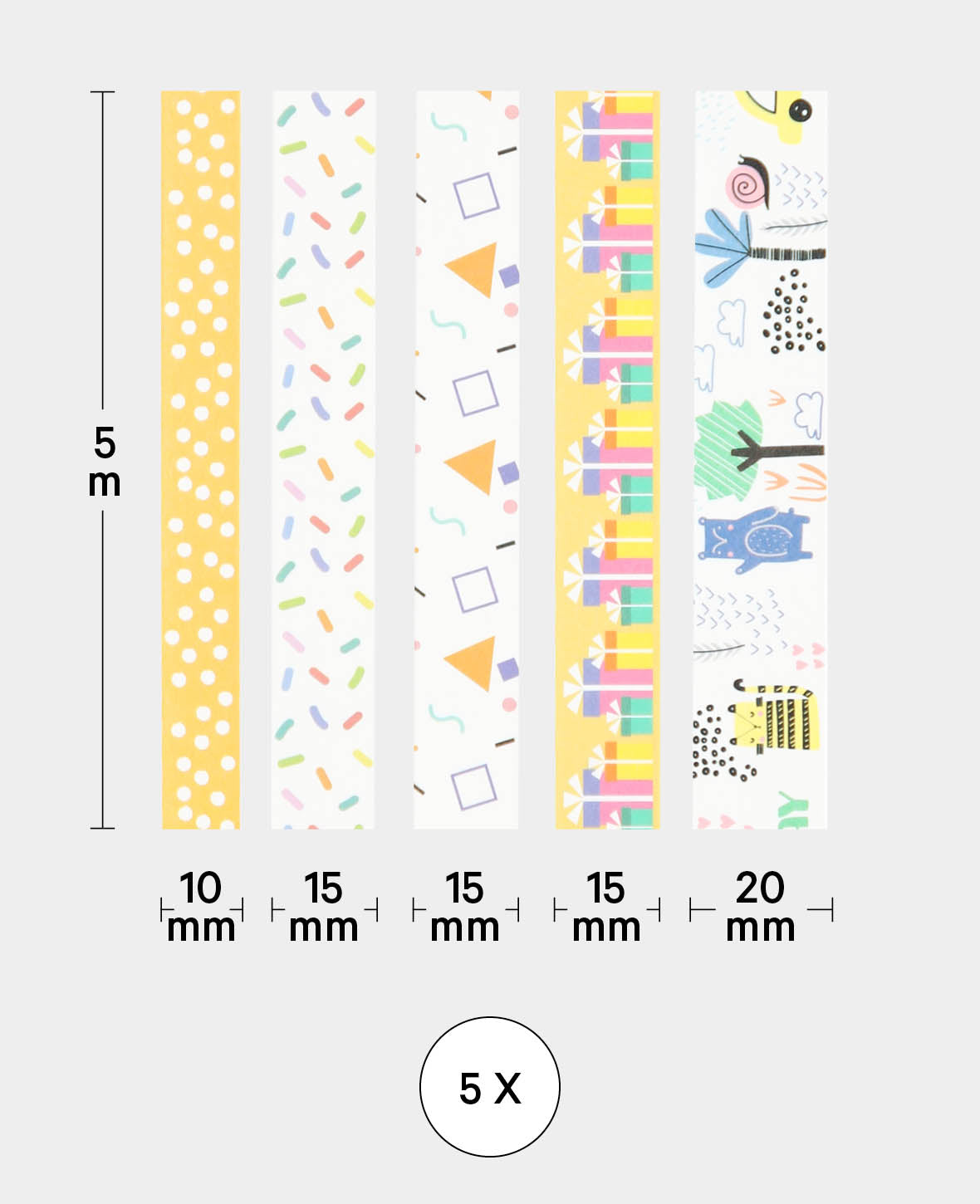 Set de 13 rouleaux de Washi Tape, 5 pcs, Masking Tape