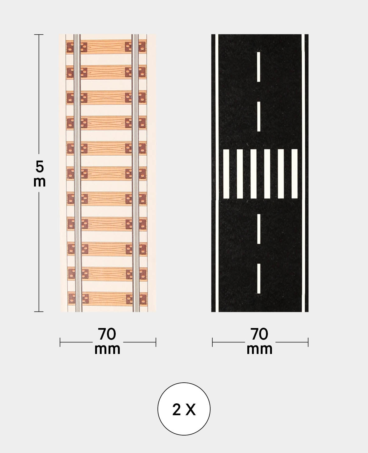Washi Tape Set, Road & Rail, 70 mm x 5 m, 2 Stk., Masking Tape Strassen- und Eisenbahnschienenklebeband für Kinder zum Spielen