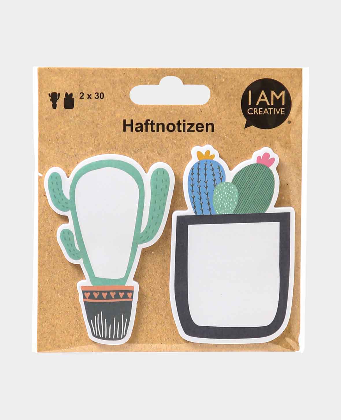 Sticky Notes, Kakteen, ca. 6 x 9 cm, 2 x 30 Stk., Haftnotizen mit selbsthaftenden Notizzetteln, ohne Rückstände wieder ablösbar