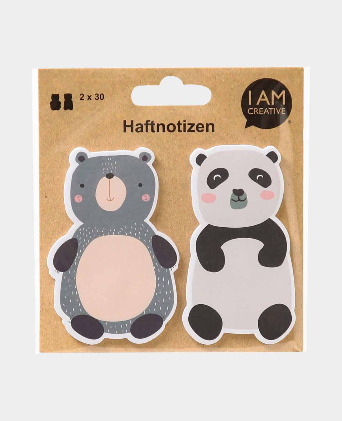 Sticky Notes, Bären, ca. 5.5 x 9.5 cm, 2 x 30 Stk., Bär und Panda Haftnotizen mit selbsthaftenden Notizzetteln, ohne Rückstände wieder ablösbar