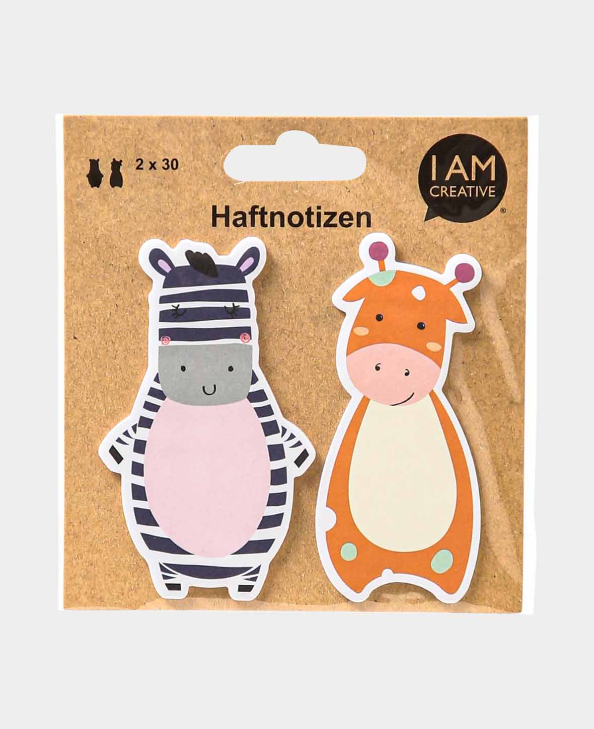 Sticky Notes, Zoo, approx. 5 x 10 cm, 2 x 30 pcs., Zebra and Giraffe sticky notes with self-adhesive memo pads, removable without residue