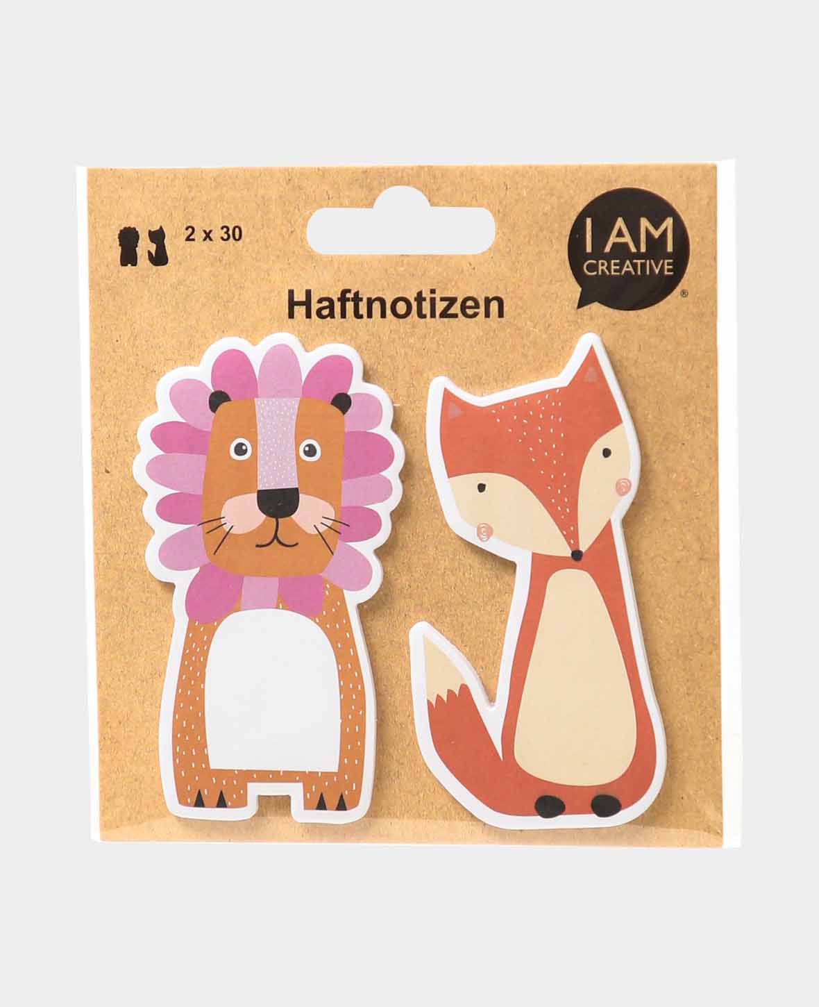 Sticky Notes, Tiere, ca. 5 x 9.5 cm, 2 x 30 Stück, Löwe und Fuchs Haftnotizen mit selbsthaftenden Notizzetteln, ohne Rückstände wieder ablösbar