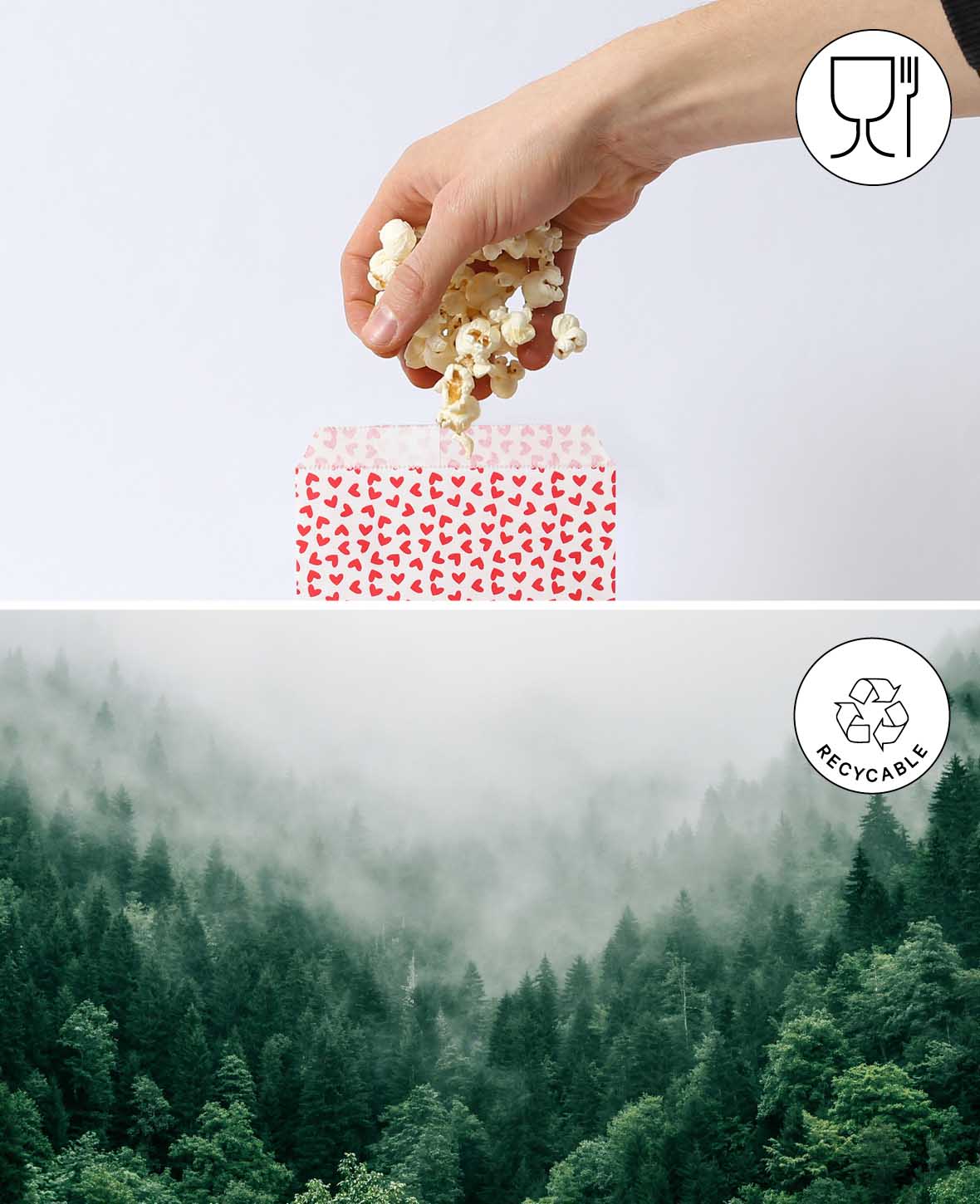 Papierbeutel, 16.5 x 13 cm, Papiertüten mit Herzen als Geschenkverpackung, lebensmittelzertifiziert, Weiss & rote Herzen, 25 Stk.