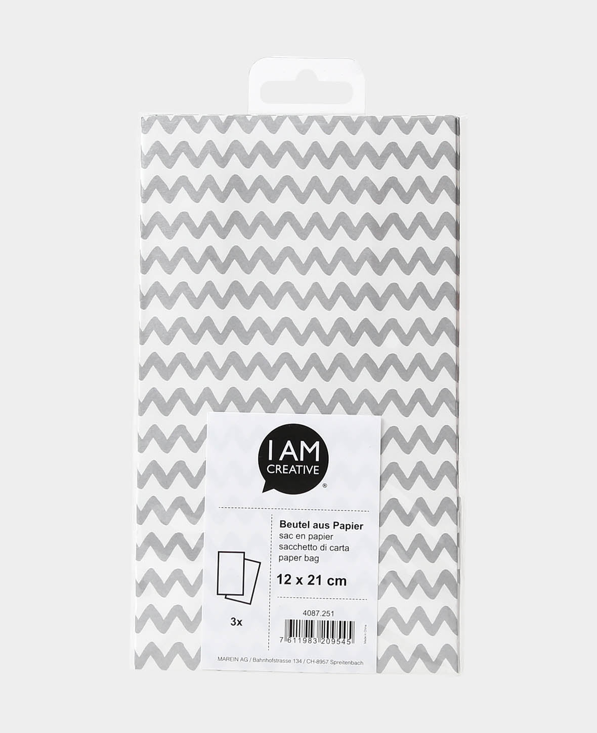 Sac cadeau à chevrons, blanc et argent, 12 x 21 x 6.5 cm, 3 p.