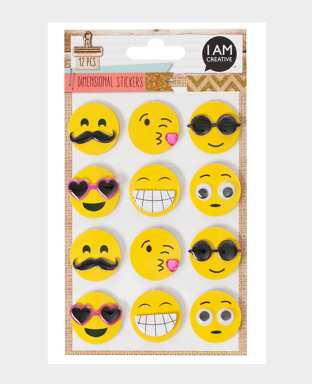 Stickers Émojis, Jaune, ø 3 cm, 12 pces.