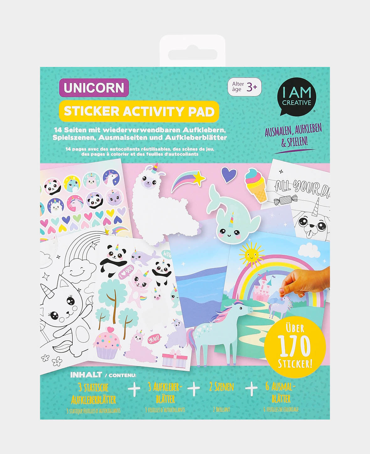 Ensemble d'activités Licorne, bloc créatif avec 6 coloriages, 2 scènes de jeu et 3 planches d'autocollants, à partir de 3 ans, 19,6 x 24 cm, 14 pages