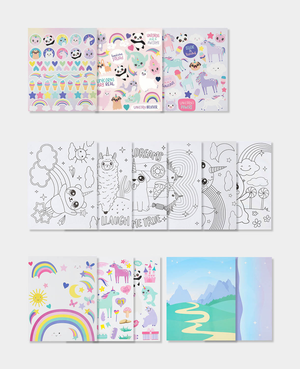 Ensemble d'activités Licorne, bloc créatif avec 6 coloriages, 2 scènes de jeu et 3 planches d'autocollants, à partir de 3 ans, 19,6 x 24 cm, 14 pages