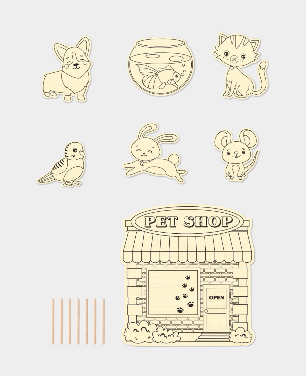 Kit de jeu en bois « Animalerie » à peindre, 7 pièces