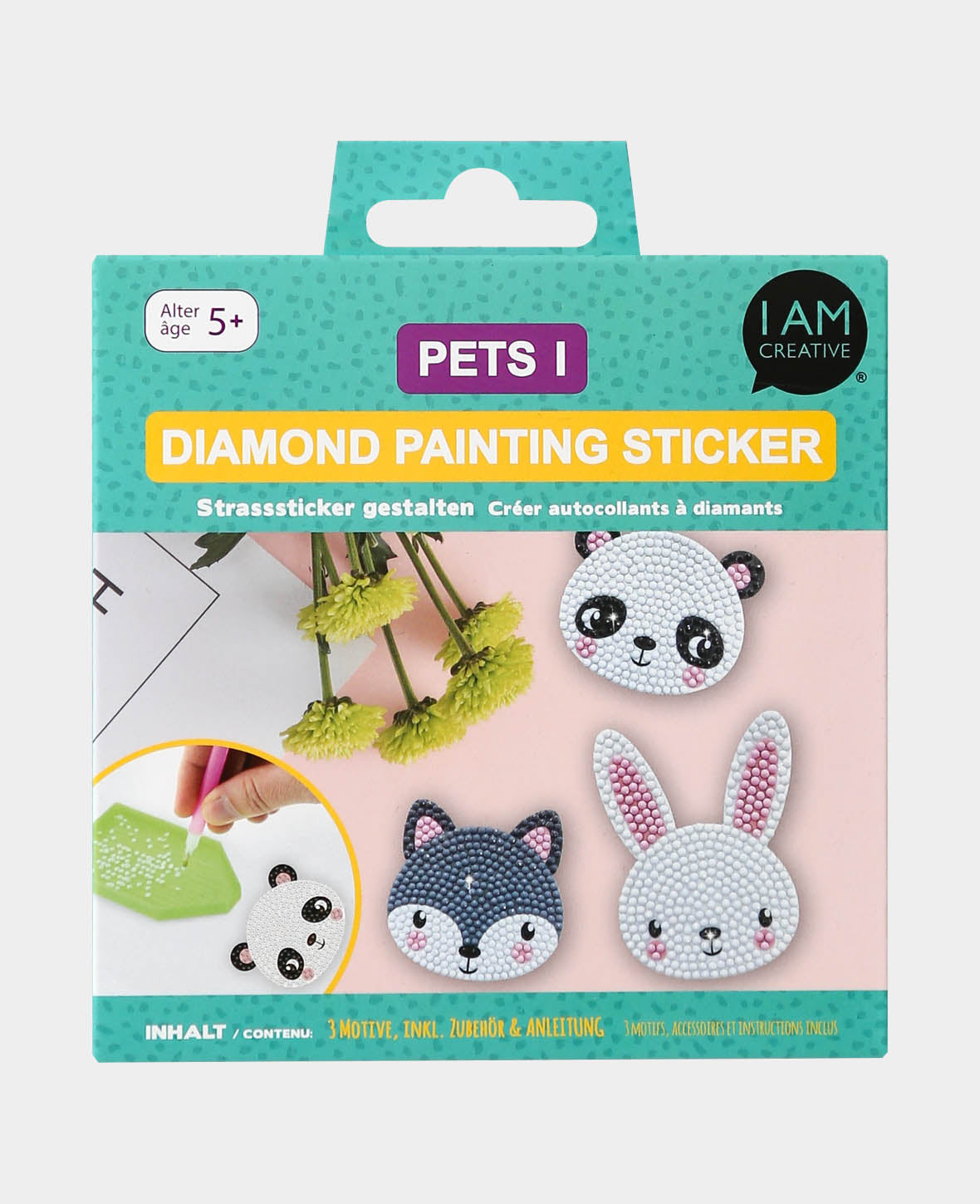 Stickers Diamond Painting animaux, lapin, panda, blaireau, avec accessoires et instructions
