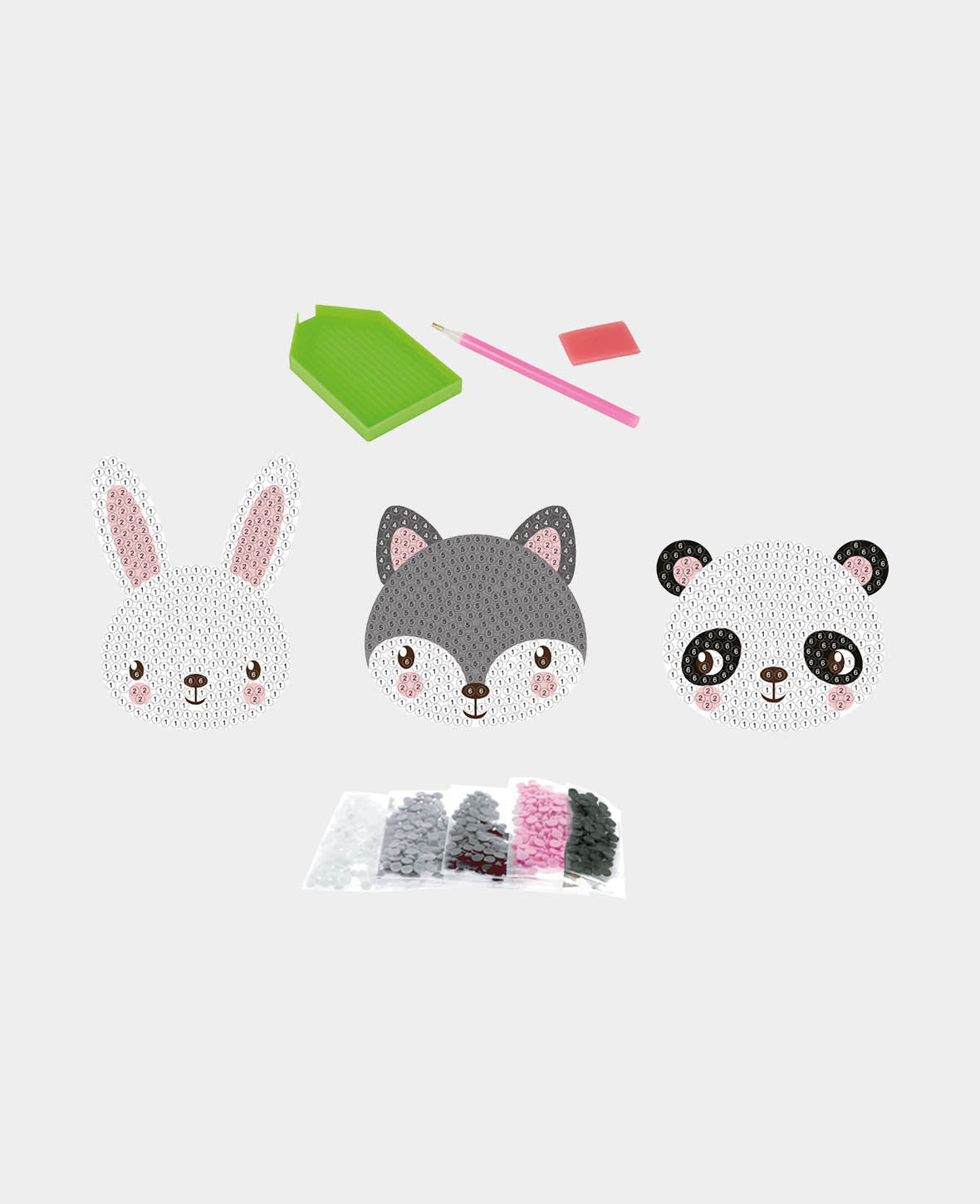 Stickers Diamond Painting animaux, lapin, panda, blaireau, avec accessoires et instructions