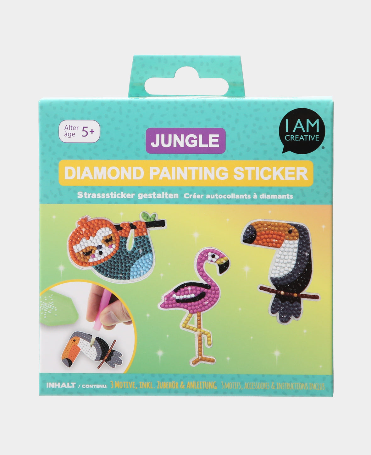 Autocollants Diamond Painting Jungle, autocollants en strass à faire soi-même avec trois motifs paresseux, flamant rose, toucan, accessoires et instructions inclus