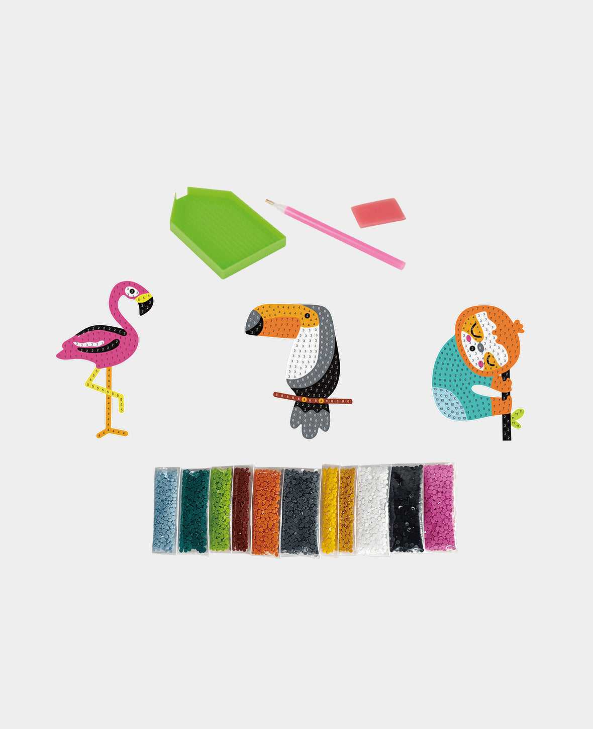 Autocollants Diamond Painting Jungle, autocollants en strass à faire soi-même avec trois motifs paresseux, flamant rose, toucan, accessoires et instructions inclus