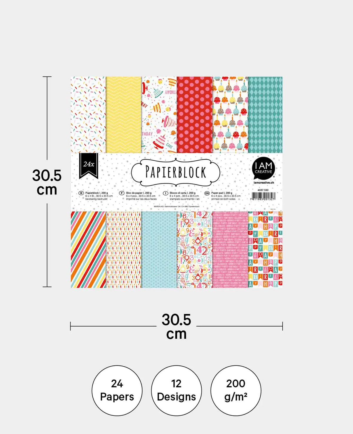 Papierblock I, mit beidseitig bedruckten Papierbögen in 12 verschiedenen Designs, 30.5 × 30.5 cm, 200 g/m², 24 Blätter