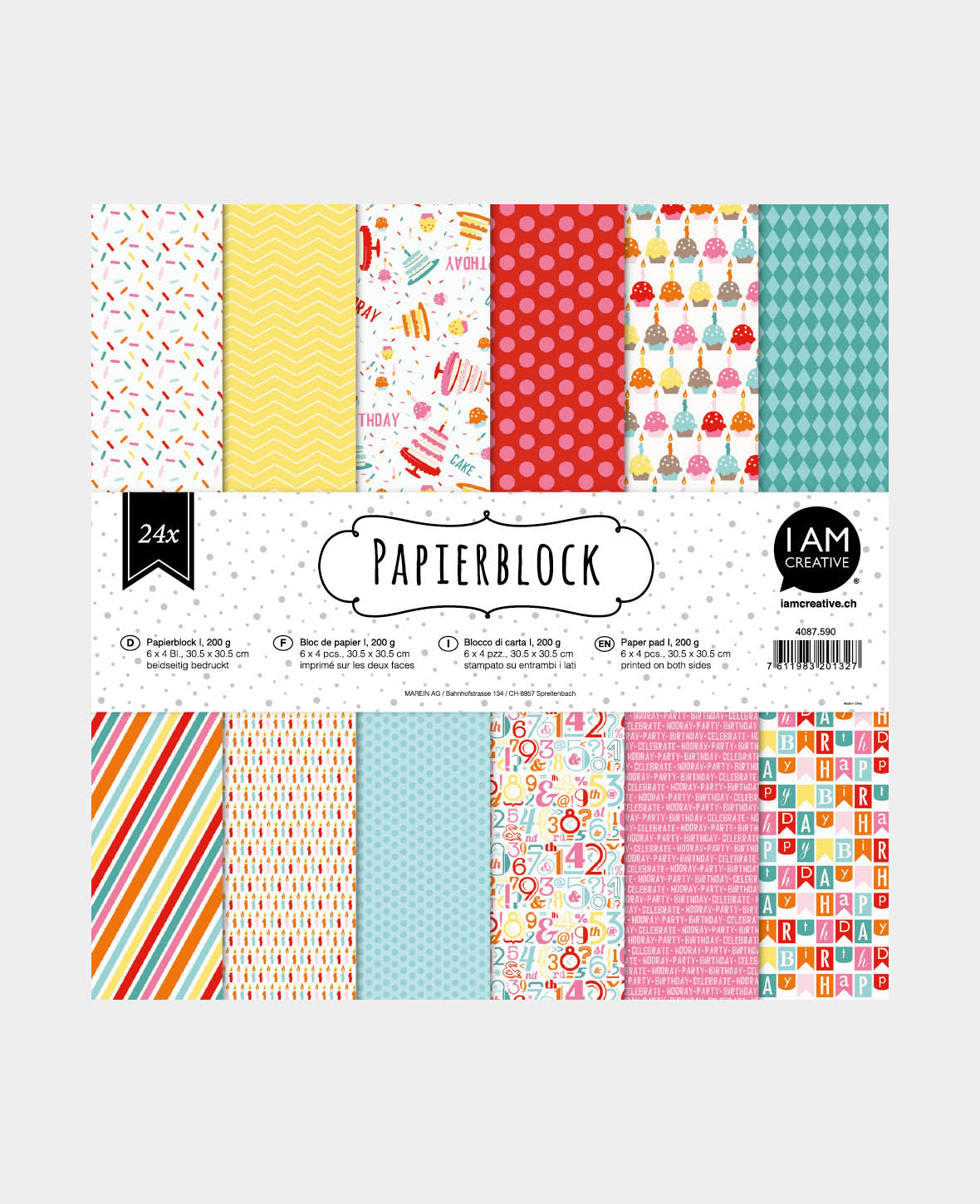 Papierblock I, mit beidseitig bedruckten Papierbögen in 12 verschiedenen Designs, 30.5 × 30.5 cm, 200 g/m², 24 Blätter