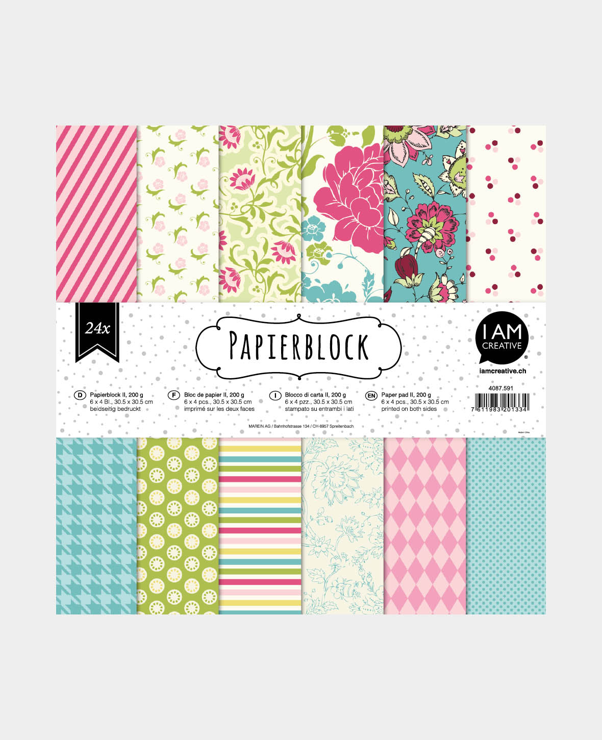 Papierblock II, mit beidseitig bedruckten Papierbögen in 12 verschiedenen Designs, 30.5 × 30.5 cm, 200 g/m², 24 Blätter