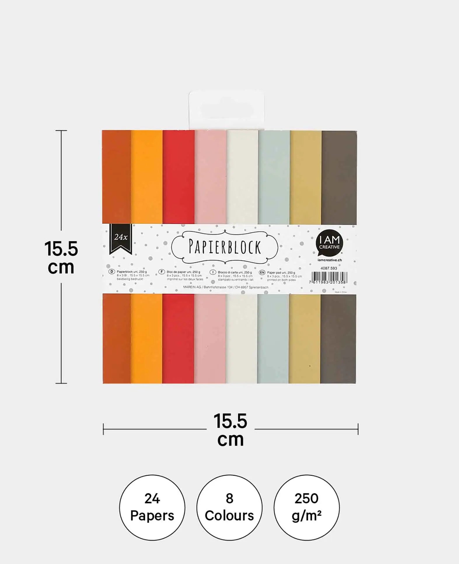 Solid color paper pad, with double-sided printed paper sheets in 8 different colors, 15.5 x 15.5 cm, 250 g/m², 24 sheets