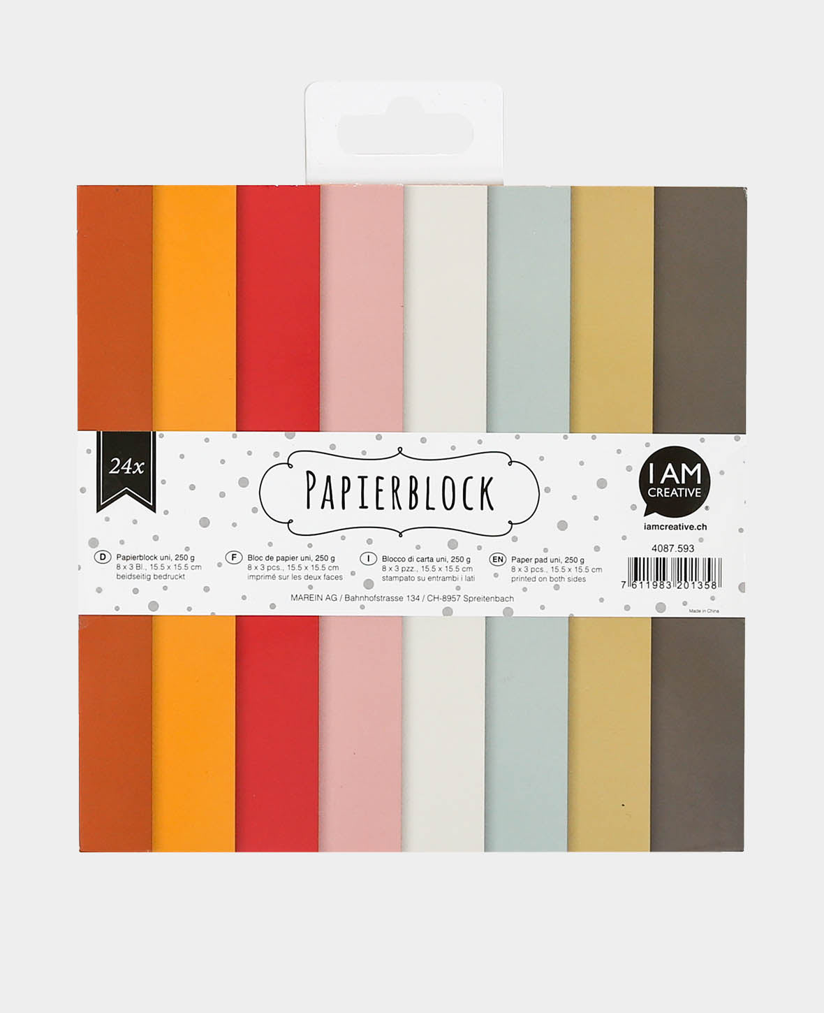 Papierblock uni, mit beidseitig bedruckten Papierbögen in 8 verschiedenen Farben, 15.5 x 15.5 cm, 250 g/m², 24 Blätter