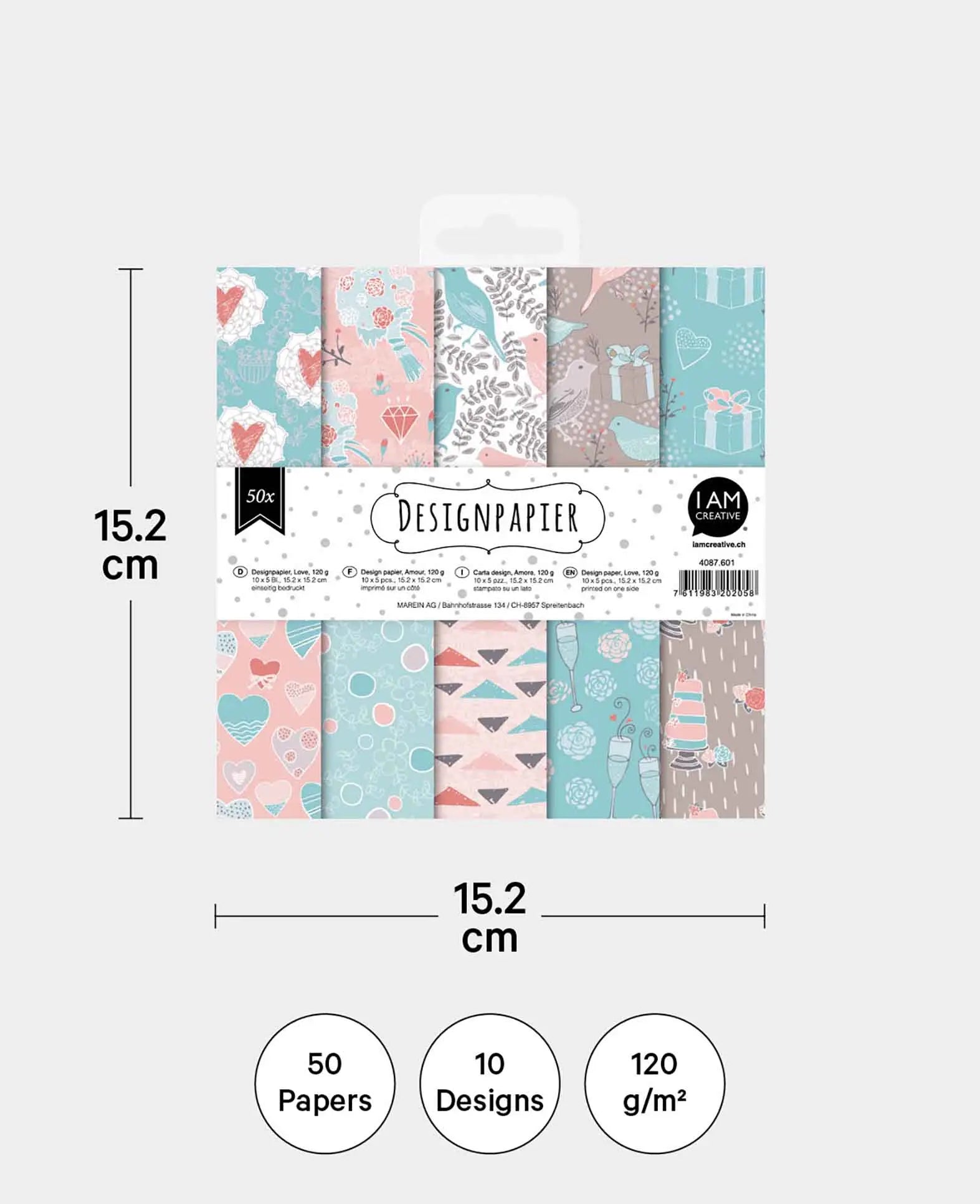 Set de papier design Love, bloc de papier, 15,2 x 15,2 cm, 120 g/m², 50 feuilles