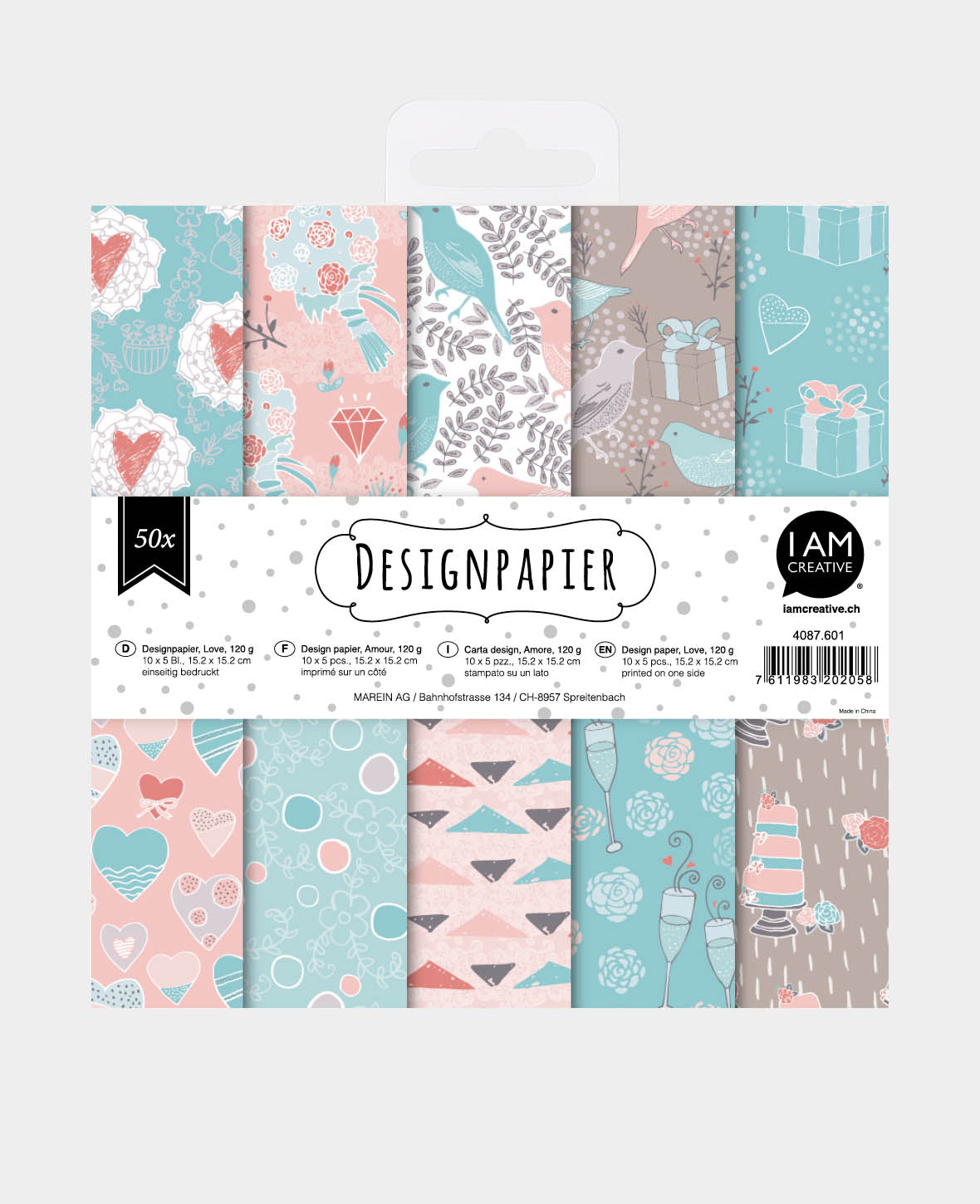 Design Papier Set Love, Papierblock, 15.2 x 15.2 cm, 120 g/m², 50 Blätter