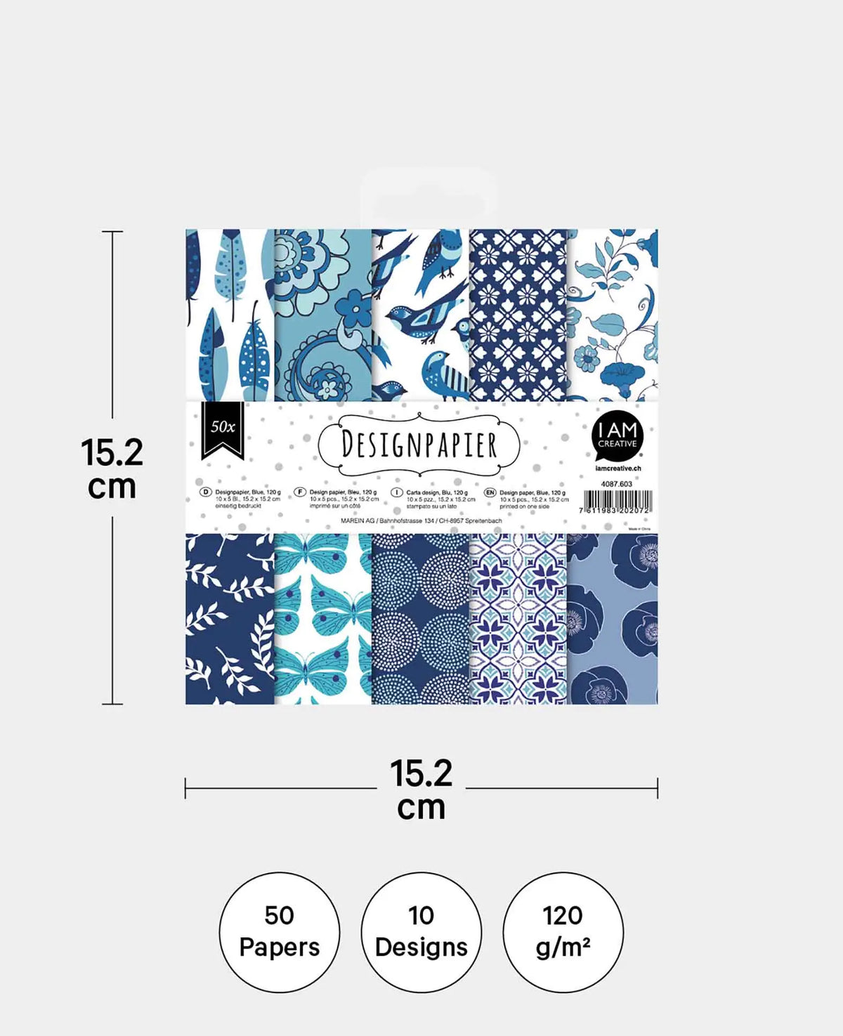 Design Papier Set Blue, Papierblock, 15.2 x 15.2 cm, 120 g/m², 50 Blätter