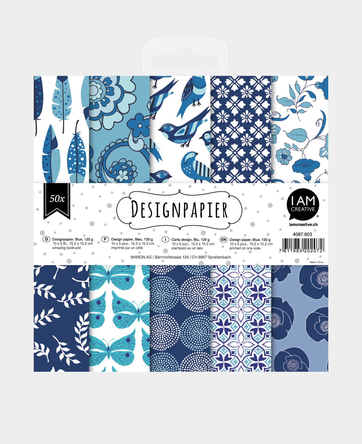Design Papier Set Blue, Papierblock, 15.2 x 15.2 cm, 120 g/m², 50 Blätter