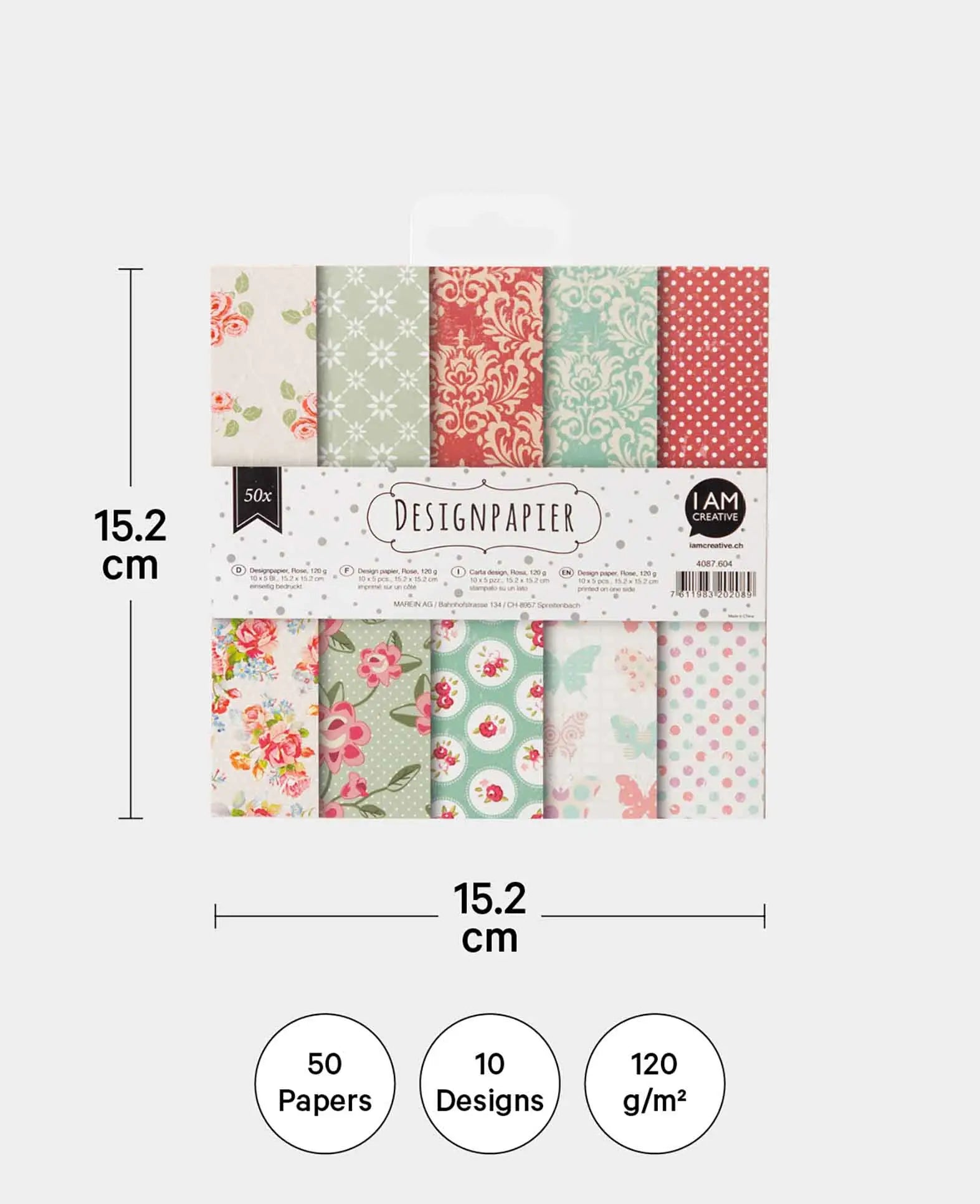 Design Papier Set Rose, Papierblock, 15.2 x 15.2 cm, 120 g/m², 50 Blätter