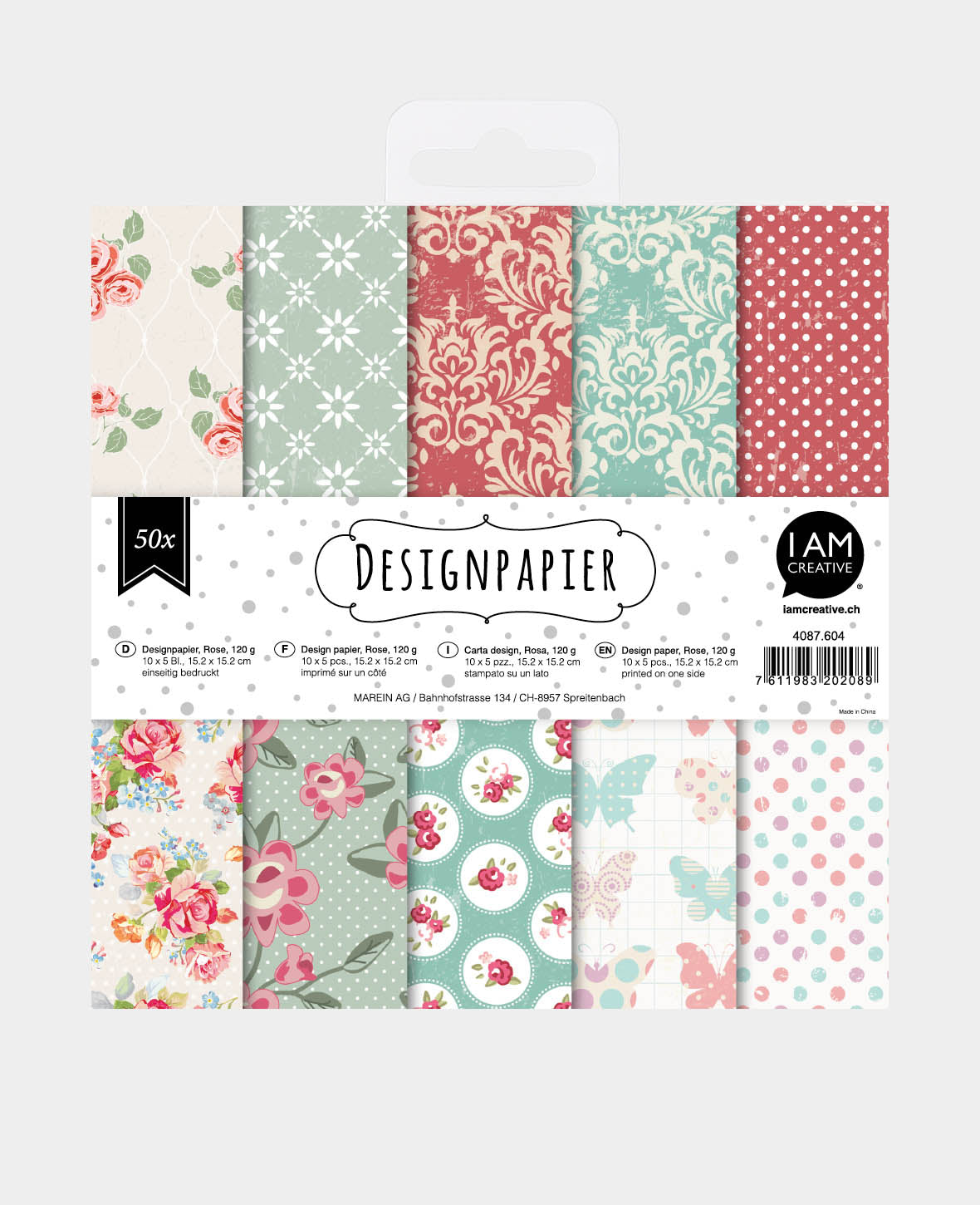 Design Papier Set Rose, Papierblock, 15.2 x 15.2 cm, 120 g/m², 50 Blätter